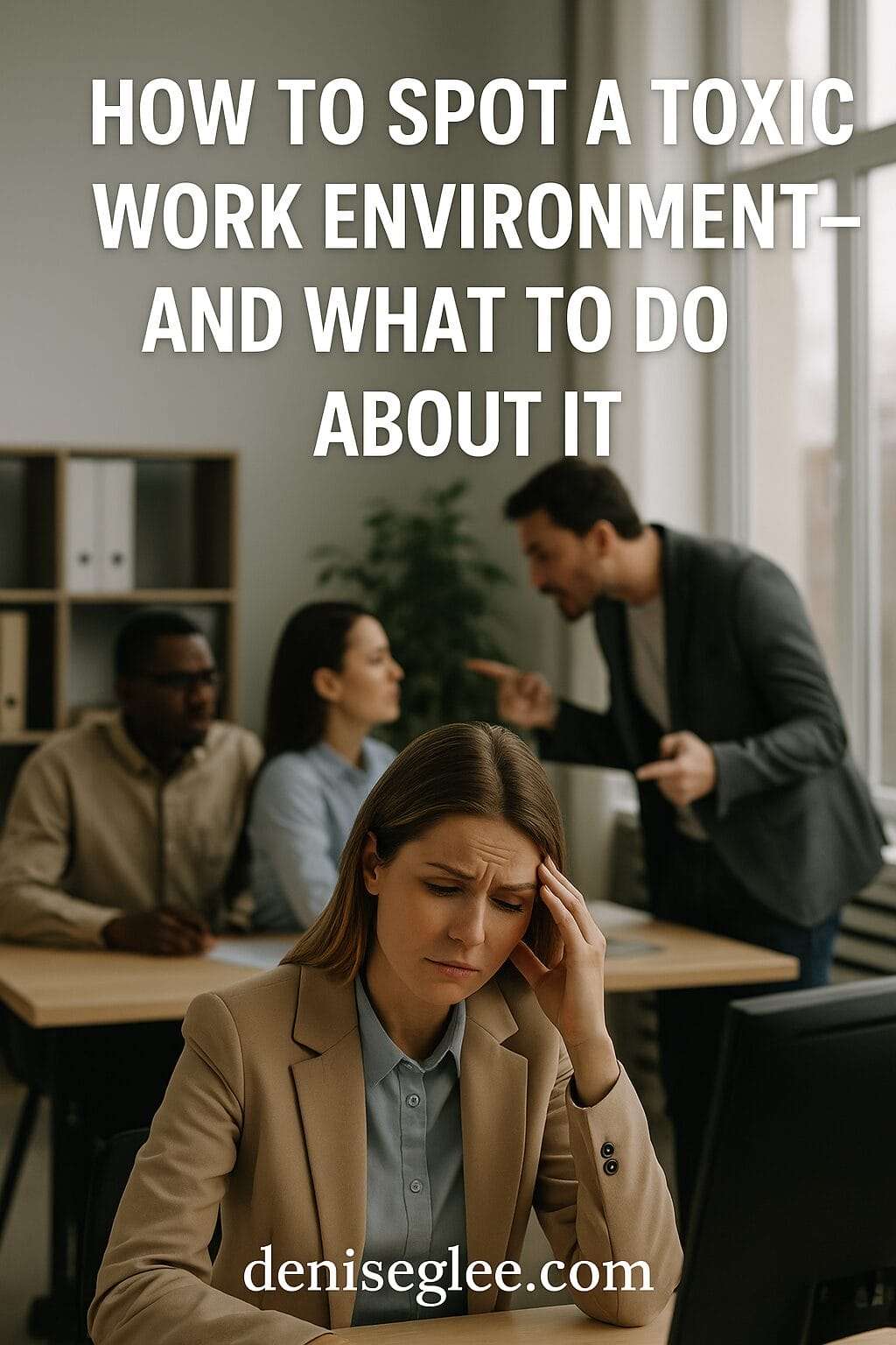 woman sitting in front of people in a stress workplace situation with title and deniseglee.com at bottom