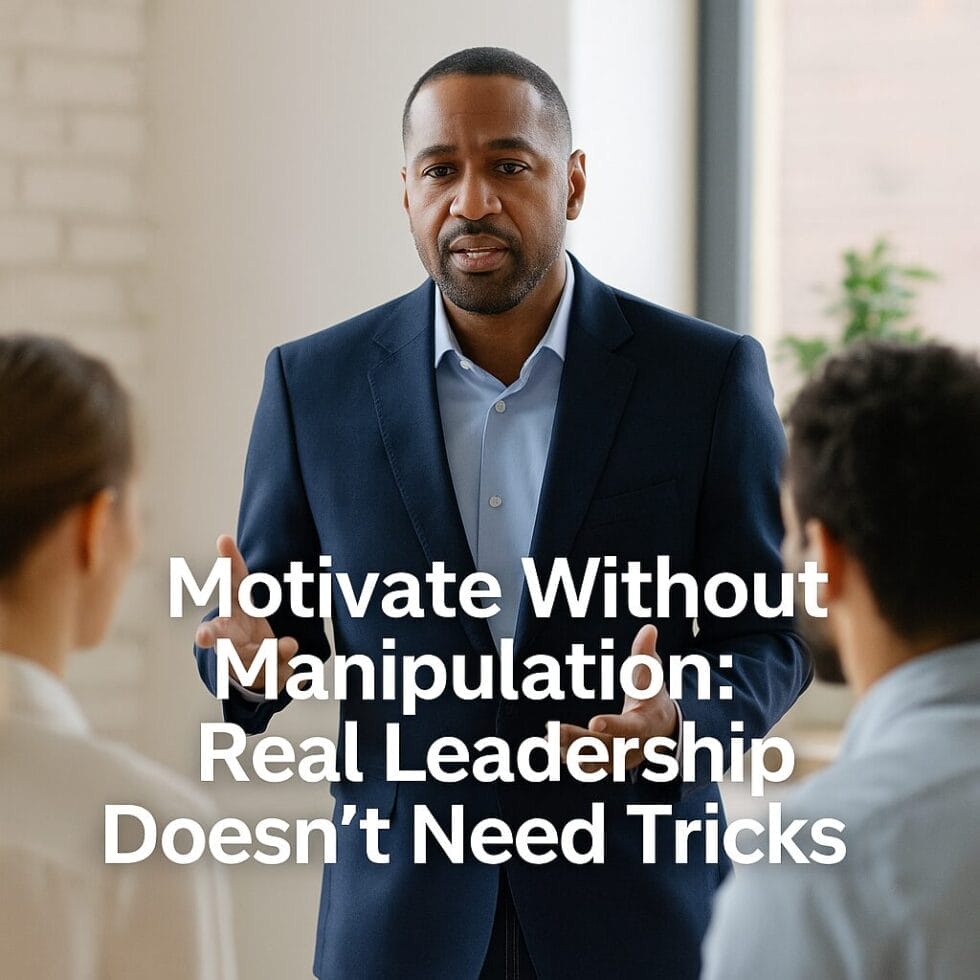 A mid-40s Black man in a team setting—he’s speaking in a leadership role, but the people around him are actually listening. No shouting, no pointing—just presence and grounded authority.
