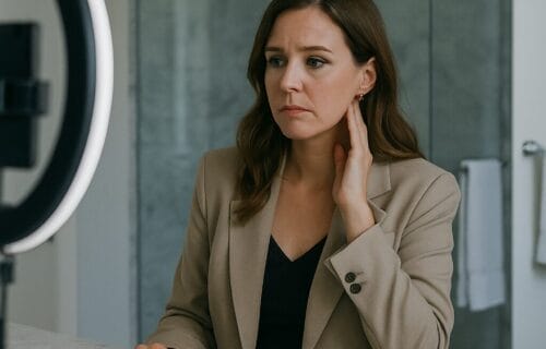 White woman in her 30s sits in luxury bathroom preparing for a live session, looking emotionally off and introspective.
