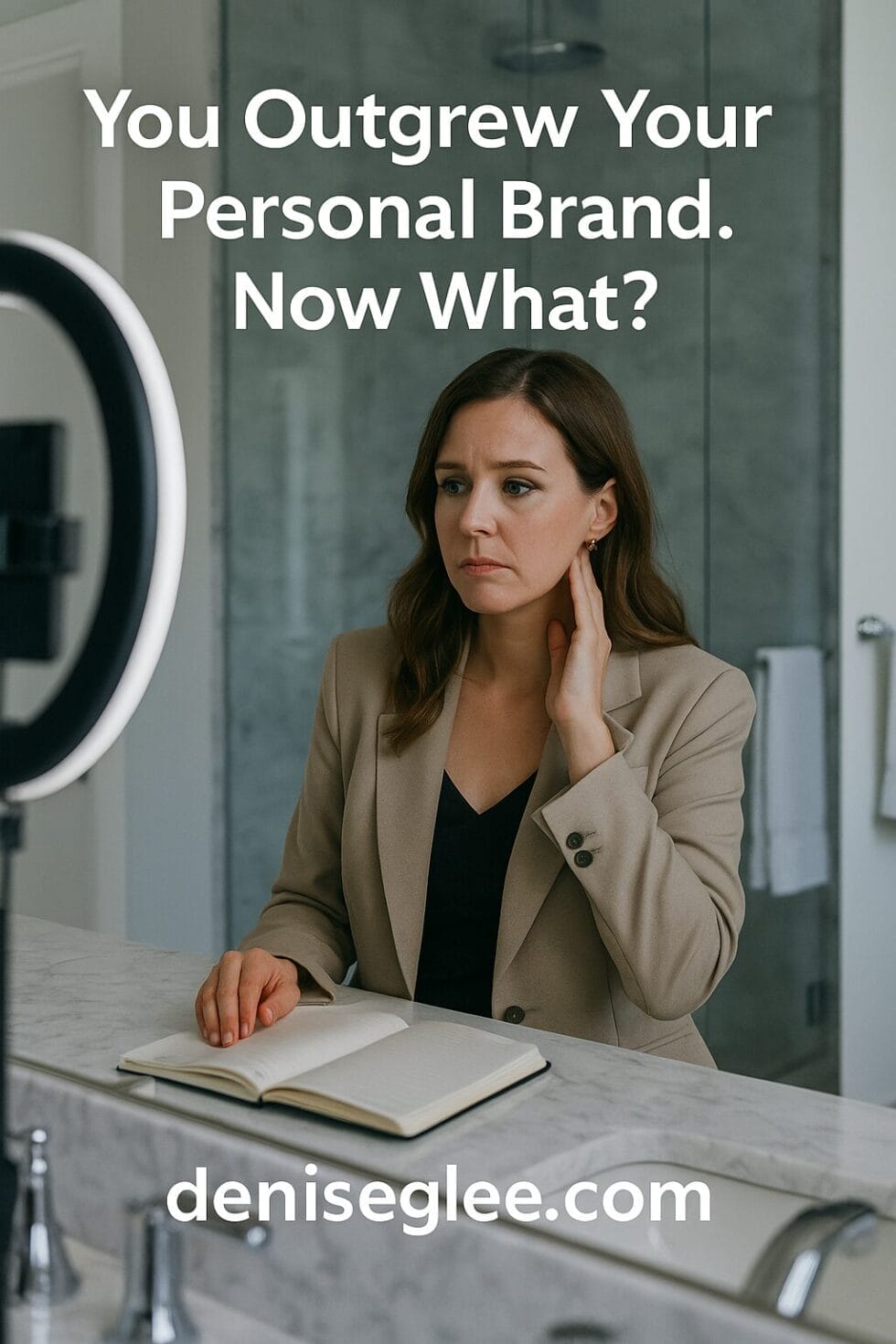 White woman in her 30s sits in luxury bathroom preparing for a live session, looking emotionally off and introspective.