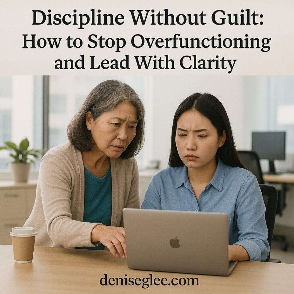 A realistic photo of an older East Asian woman leaning over to help a younger East Asian woman who looks frustrated at her laptop, set in a bright modern office—visually capturing the emotional tension of overfunctioning leadership.