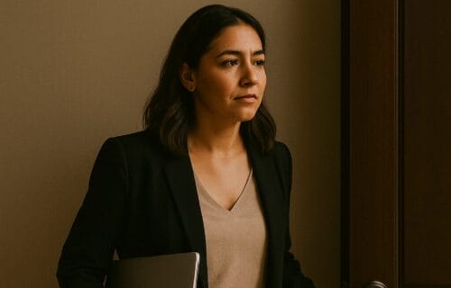 Latina woman in professional attire standing outside an office door, holding a laptop and looking clear and composed
