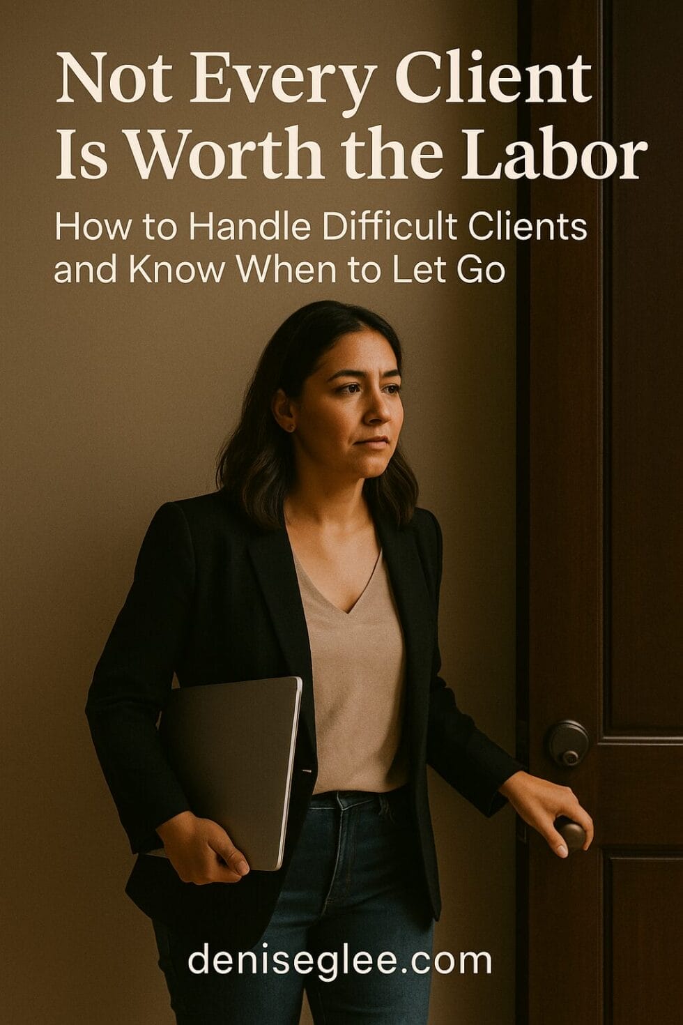 Latina woman in professional attire standing outside an office door, holding a laptop and looking clear and composed