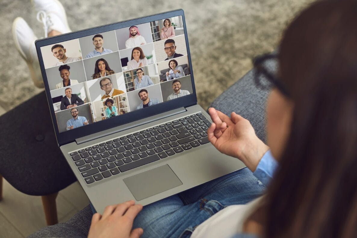 women staring at screen with faces