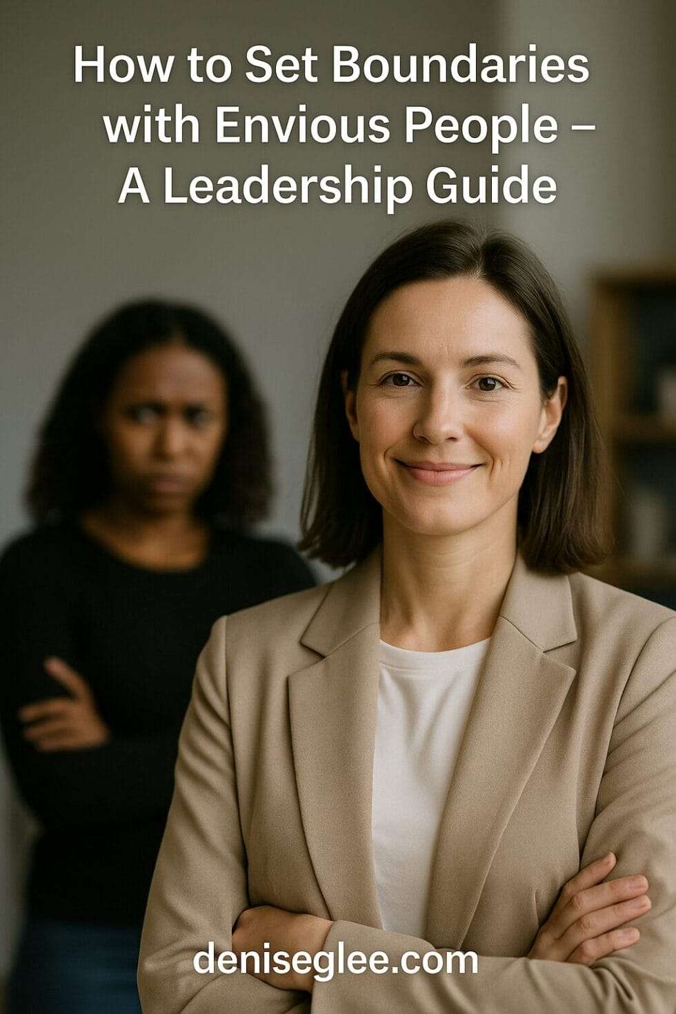 Confident woman smiling in an office while an envious coworker stands blurred in the background, symbolizing clear boundaries in leadership.