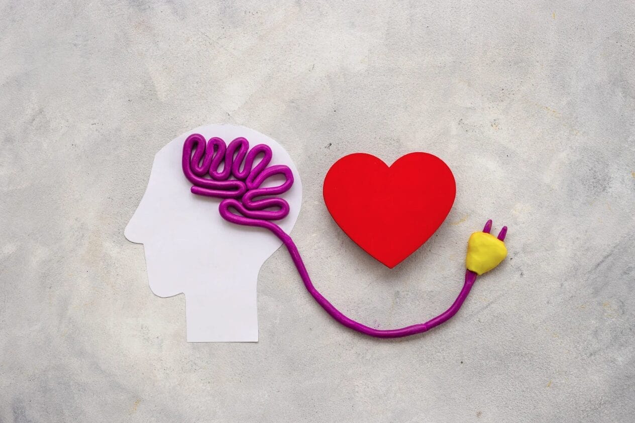 brain with purple string connecting to plug next to red heart