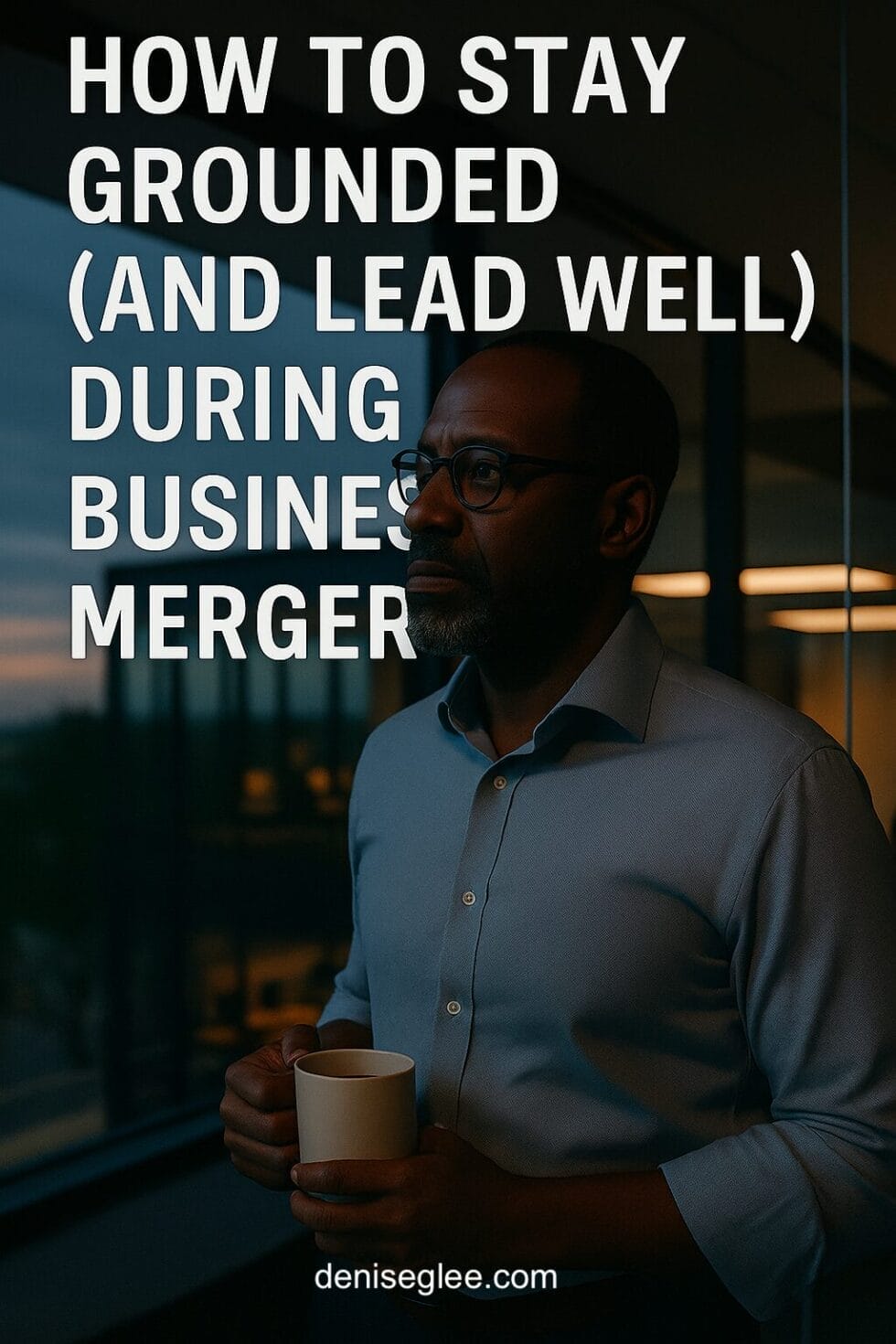 Black male leader standing in office at dusk holding coffee, text about staying grounded during merger