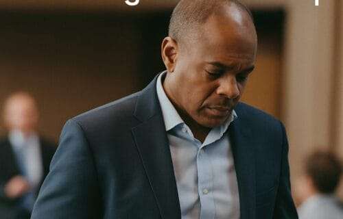 A middle-aged African American man in a suit looks down thoughtfully after stepping away from a professional event, with overlaid text reading "How Avoiding Emotional Vulnerability Sabotages Leadership" and deniseglee.com at the bottom.