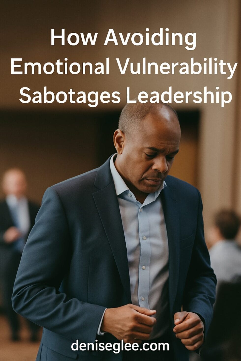 A middle-aged African American man in a suit looks down thoughtfully after stepping away from a professional event, with overlaid text reading "How Avoiding Emotional Vulnerability Sabotages Leadership" and deniseglee.com at the bottom.