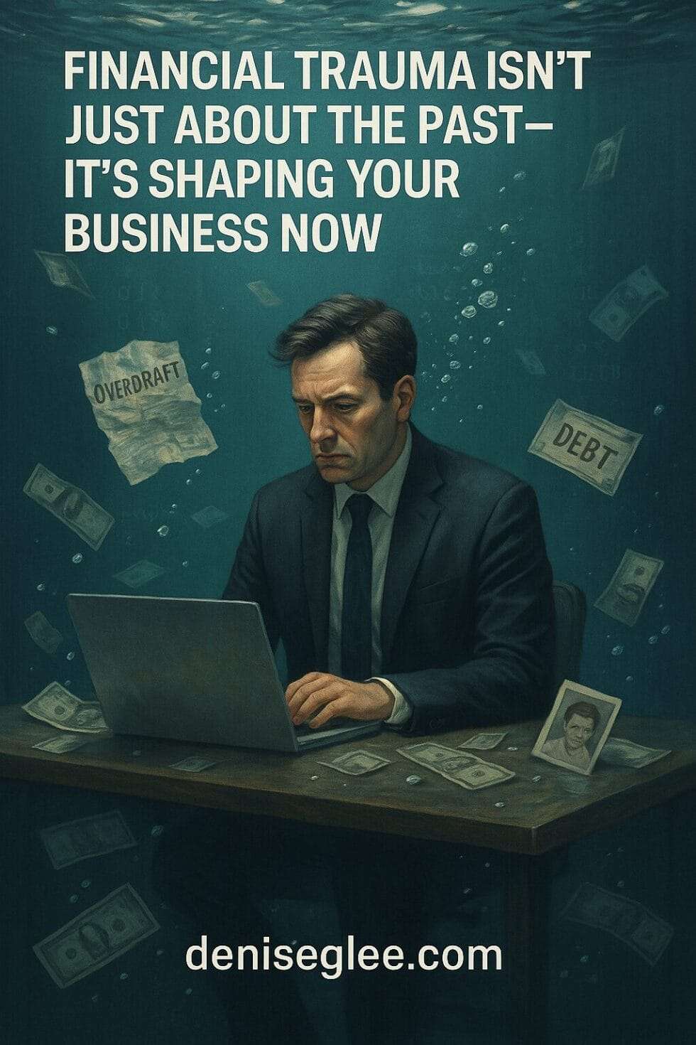 Realistic image of a businessman underwater at his desk, surrounded by floating bills, debt notices, and emotional pressure, illustrating the hidden burden of financial trauma in business.