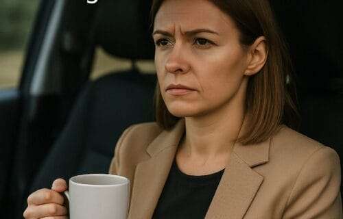 A determined woman sits in the driver’s seat holding a mug and car key, with the title “Leaving Isn’t Weak—It’s Survival” at the top and deniseglee.com at the bottom