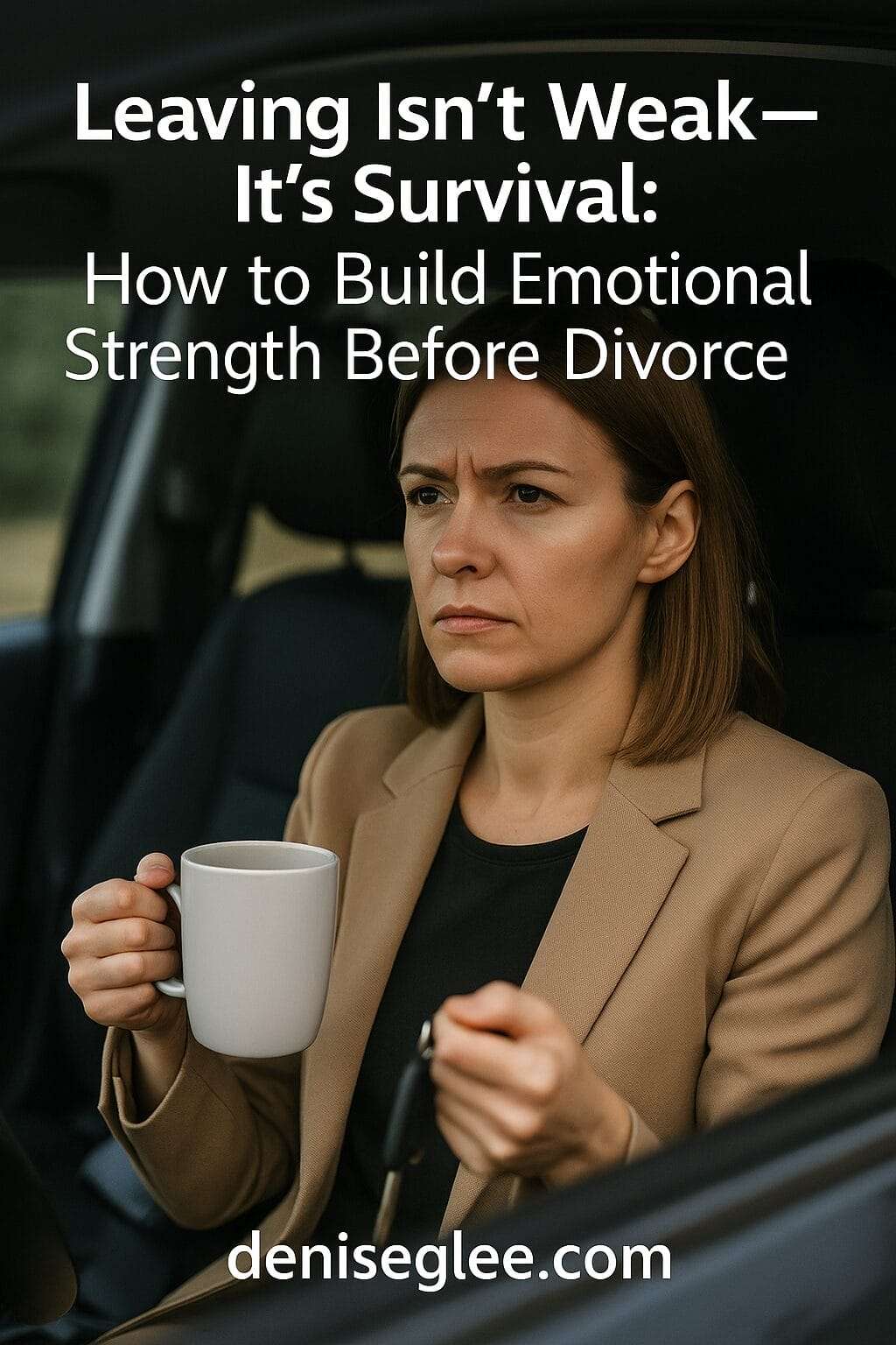 A determined woman sits in the driver’s seat holding a mug and car key, with the title “Leaving Isn’t Weak—It’s Survival” at the top and deniseglee.com at the bottom