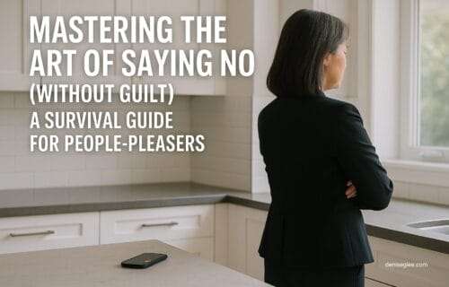 Asian woman in her 40s stands in a modern kitchen with her back turned, arms crossed, while a phone buzzes on the counter—symbolizing emotional clarity and boundary-setting.