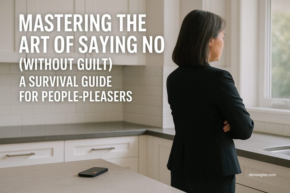 Asian woman in her 40s stands in a modern kitchen with her back turned, arms crossed, while a phone buzzes on the counter—symbolizing emotional clarity and boundary-setting.