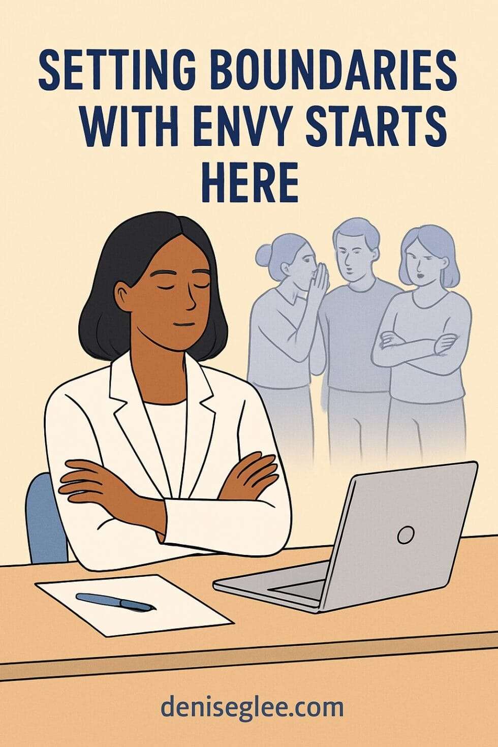 Professional woman sitting calmly at a desk while people gossip in the background, with the text “Setting Boundaries with Envy Starts Here” and deniseglee.com at the bottom.