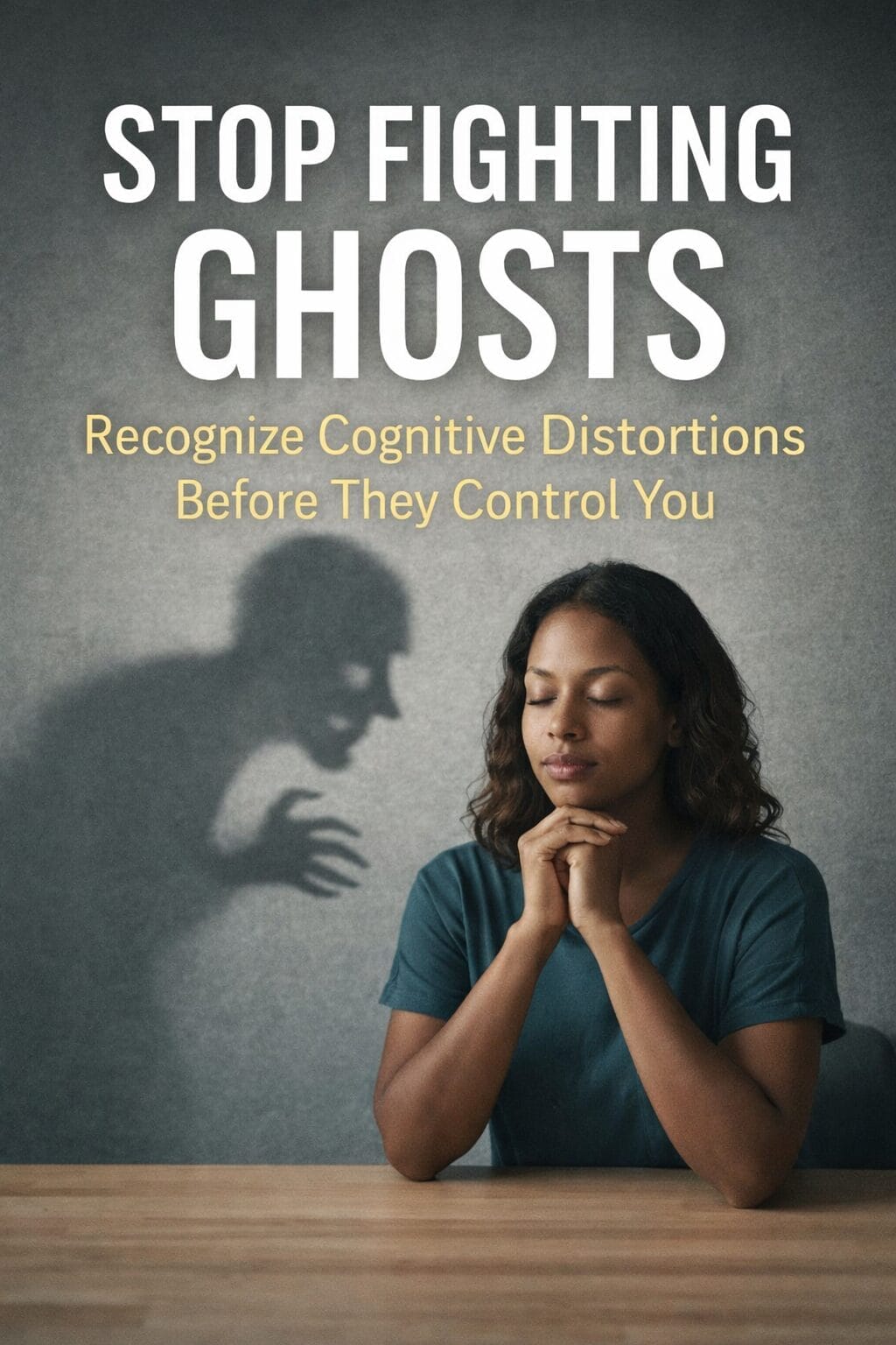 Woman sitting calmly while a distorted shadow looms behind her, representing cognitive distortions and intrusive thoughts