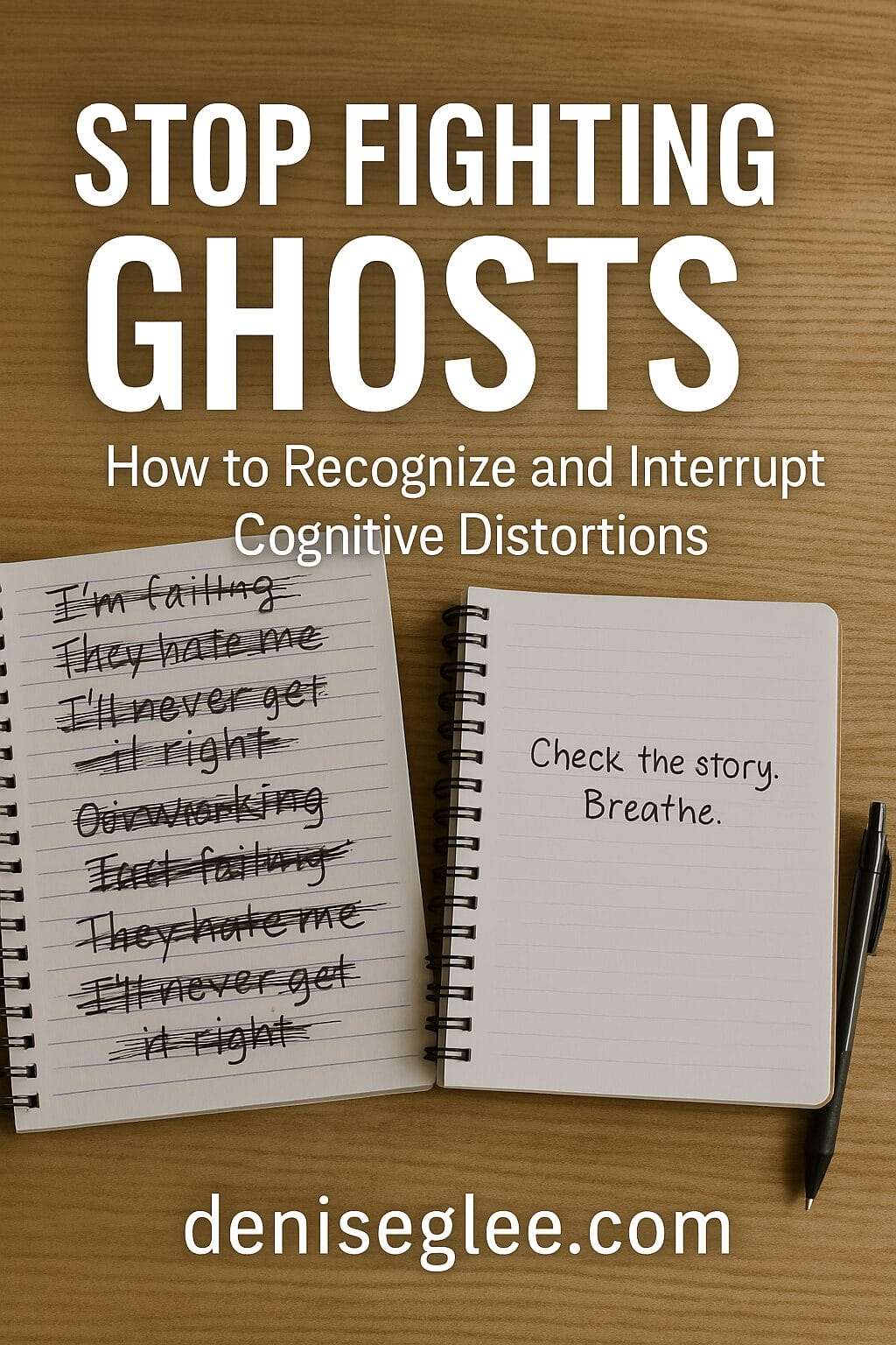 Two notebooks—one with crossed-out anxious thoughts, the other with a calming reframe—beneath the title Stop Fighting Ghosts