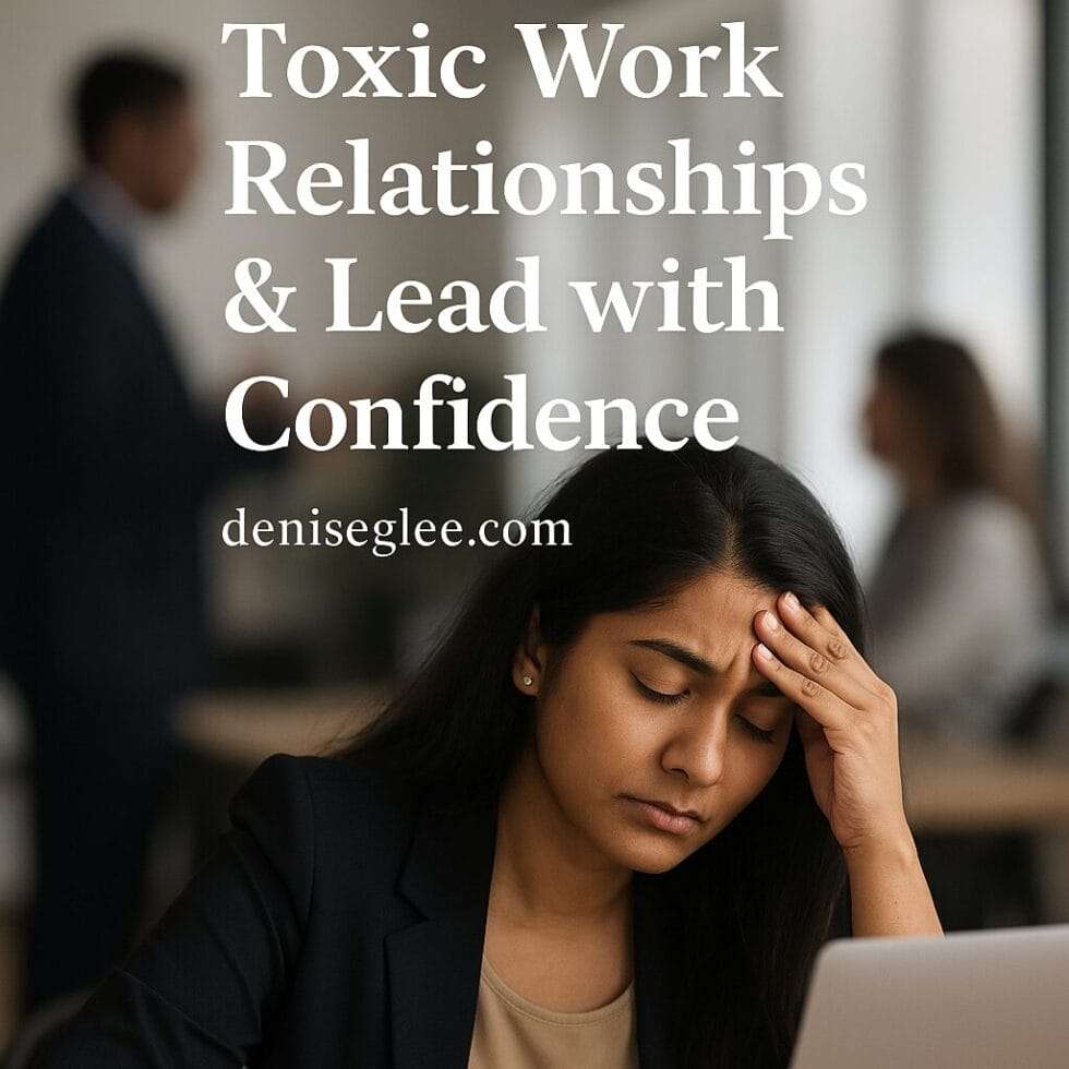 Indian woman sits at desk in shared office, visibly exhausted with hand on forehead, symbolizing the emotional toll of toxic work relationships and the journey to leadership healing.