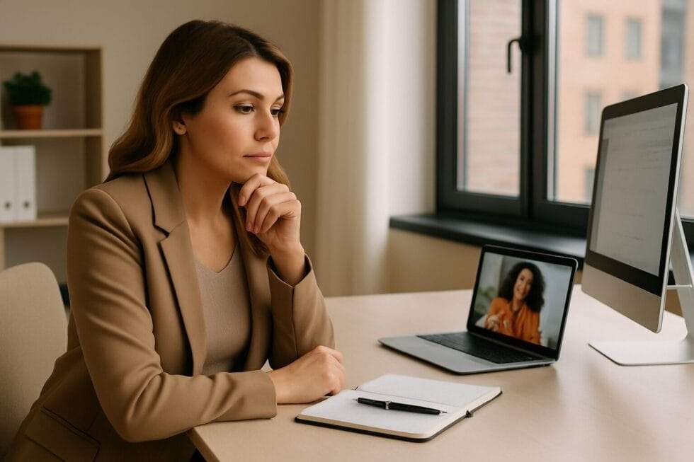 Professional woman at a desk with a laptop and open chair, symbolizing choice between virtual and in-person coaching.