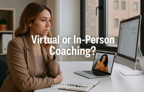 Woman deciding between virtual and in-person coaching while on a video call