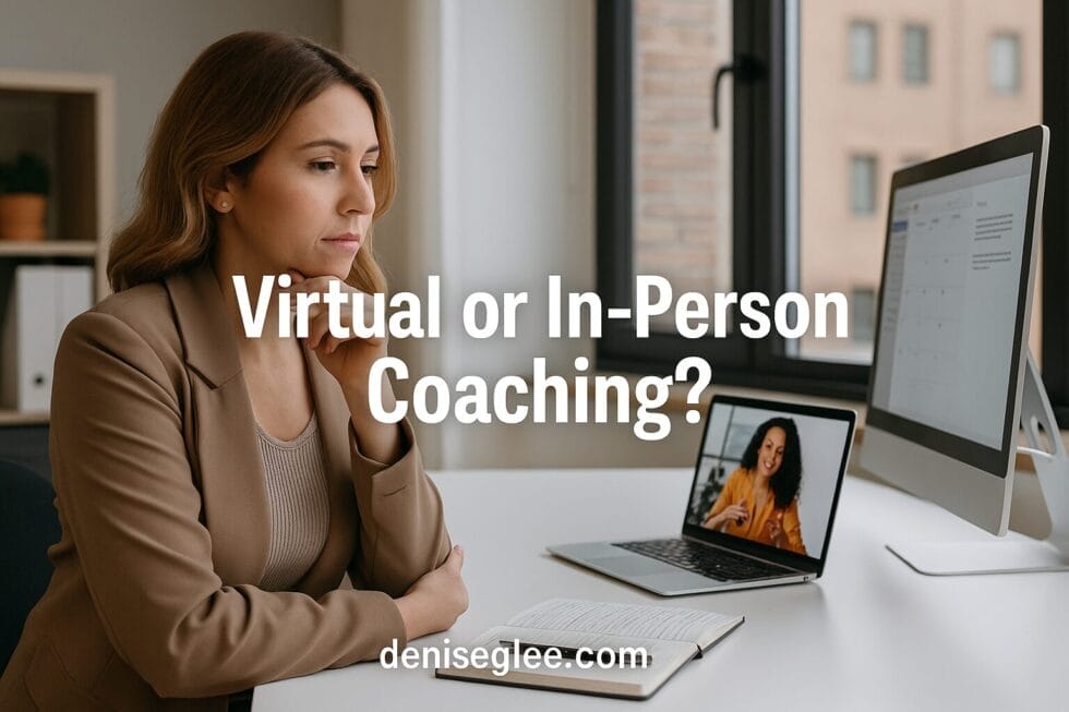 Woman deciding between virtual and in-person coaching while on a video call