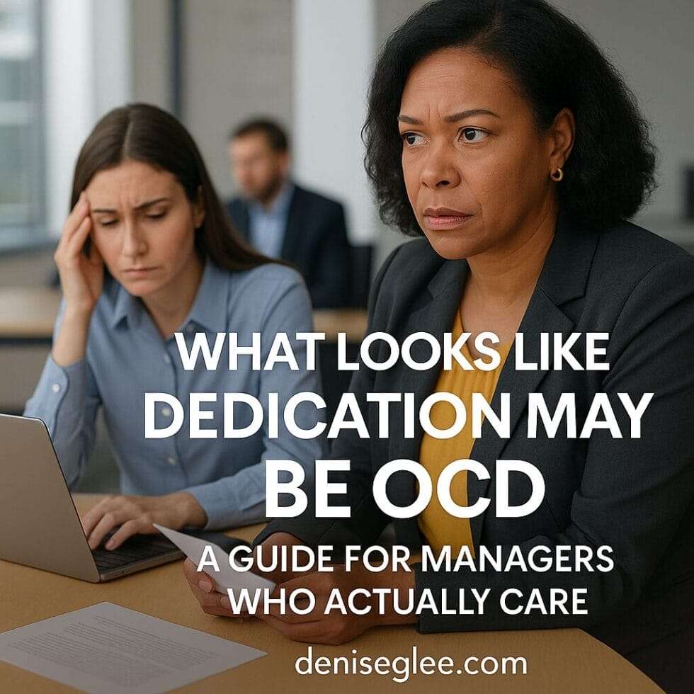 Concerned Black manager observing an employee overwhelmed by perfectionist tendencies in a modern office – highlighting OCD in the workplace.
