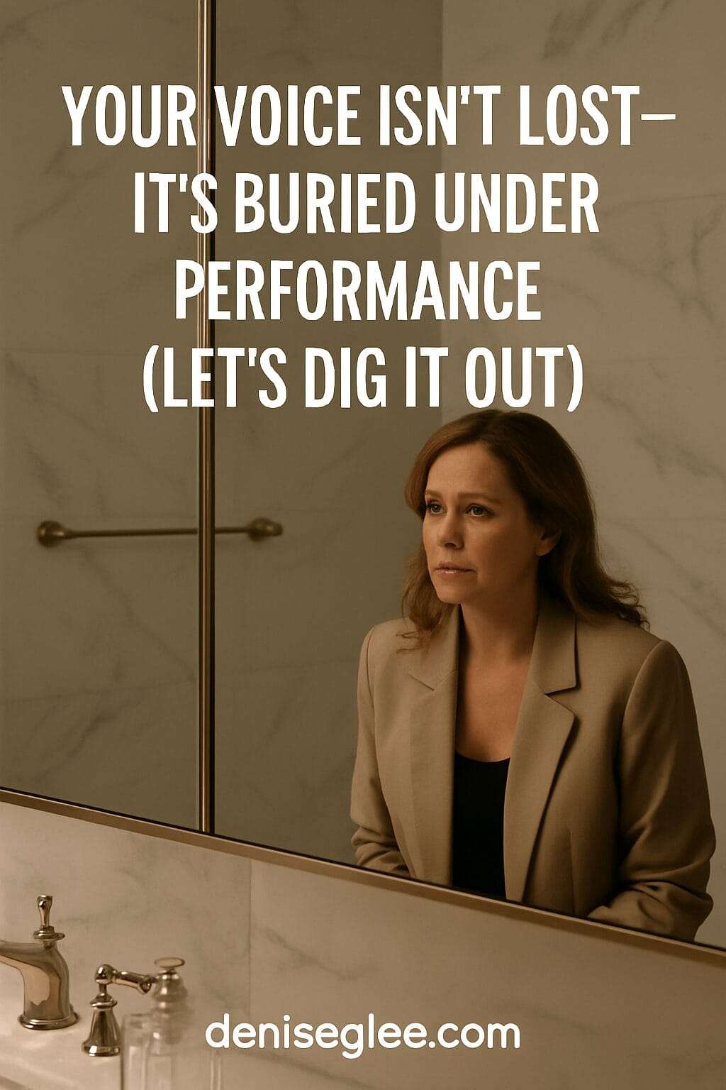 A digital photograph with overlaid text features a middle-aged woman in a luxury bathroom, dressed professionally but clearly uncomfortable. The text reads: "Your Voice Isn’t Lost—It’s Buried Under Performance (Let’s Dig It Out)" with deniseglee.com below.