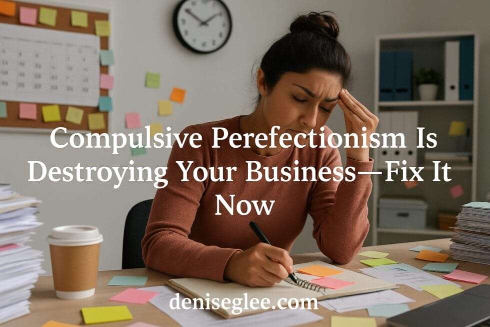 A young woman sits at a cluttered desk surrounded by sticky notes, papers, and coffee cups, pressing her forehead in frustration while writing in a notebook. The scene conveys the stress and overwhelm of compulsive perfectionism in business.