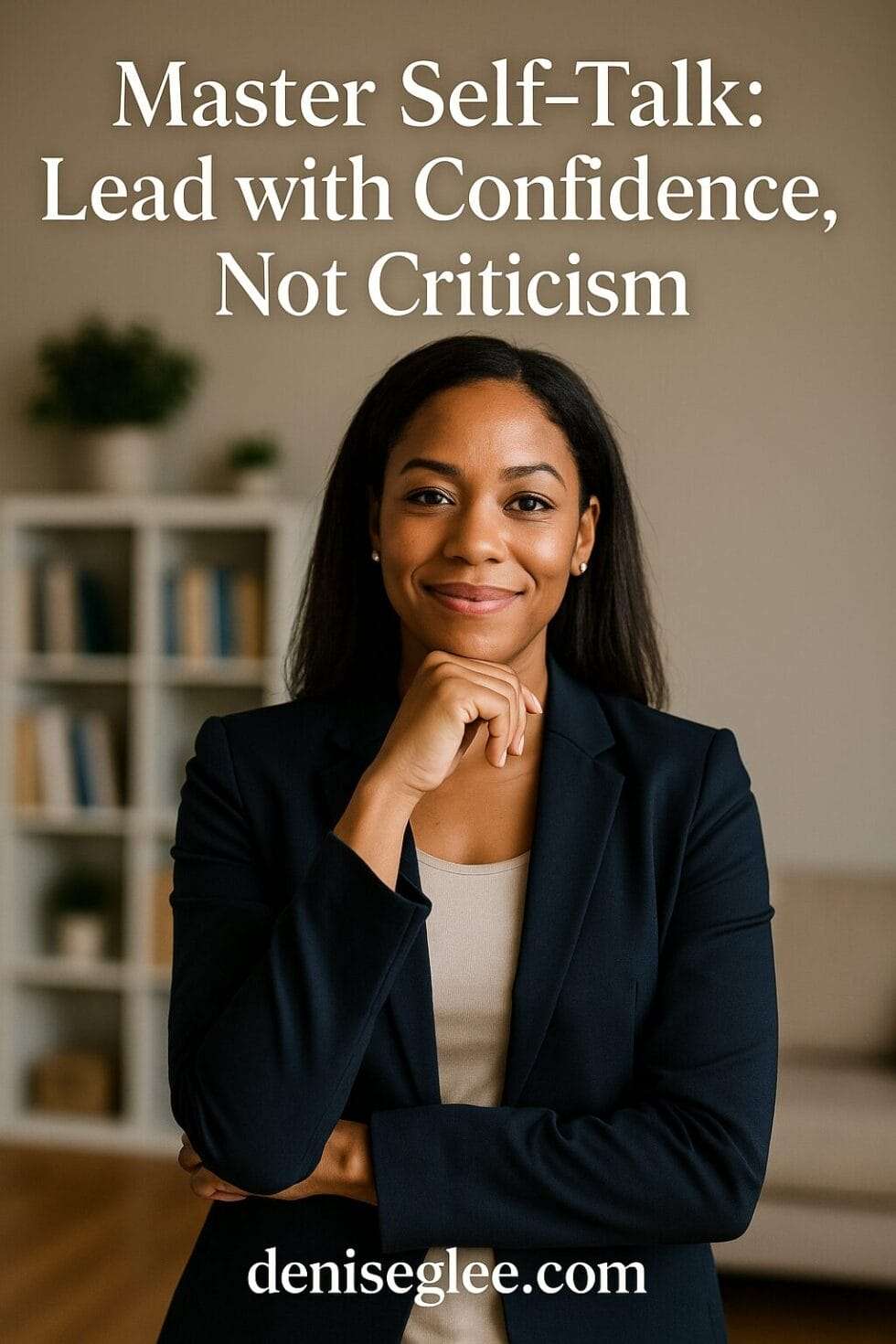 African American woman smiling with face on shin and bookcase in background with title and deniseglee.com