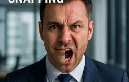 Business leader with split facial expression—one side calm, the other angry—symbolizing the hidden emotional toll of rage addiction in leadership.