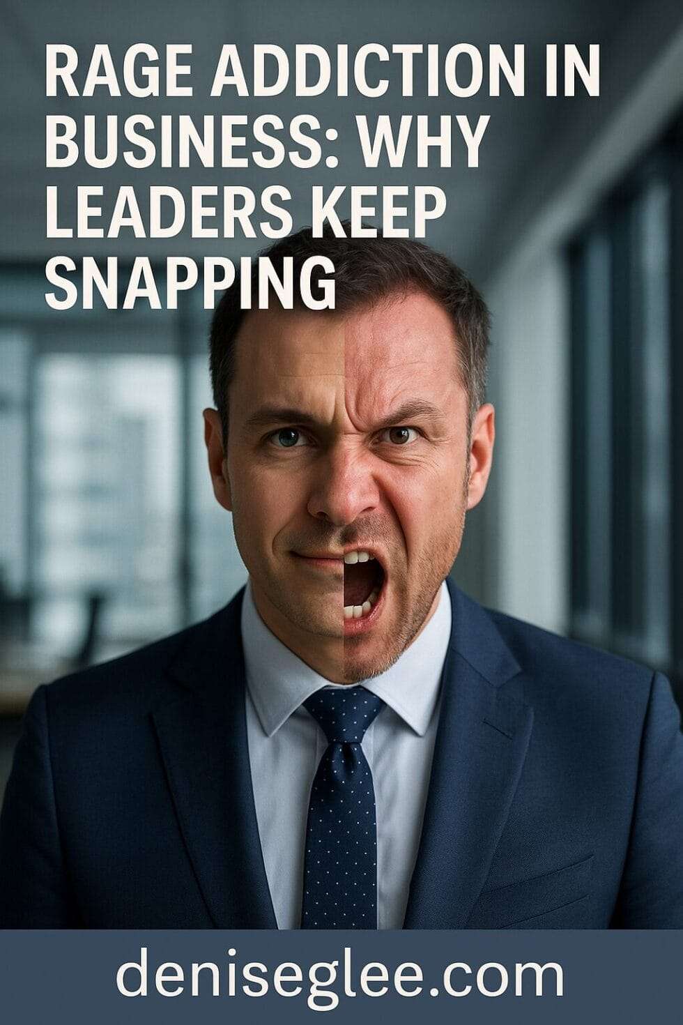 Business leader with split facial expression—one side calm, the other angry—symbolizing the hidden emotional toll of rage addiction in leadership.