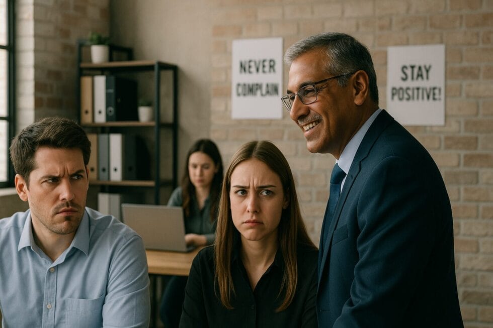 A middle-aged Indian boss smiling at employees who look frustrated, with 'Never Complain' and 'Stay Positive!' signs in the background, symbolizing passive-aggressive leadership tension.