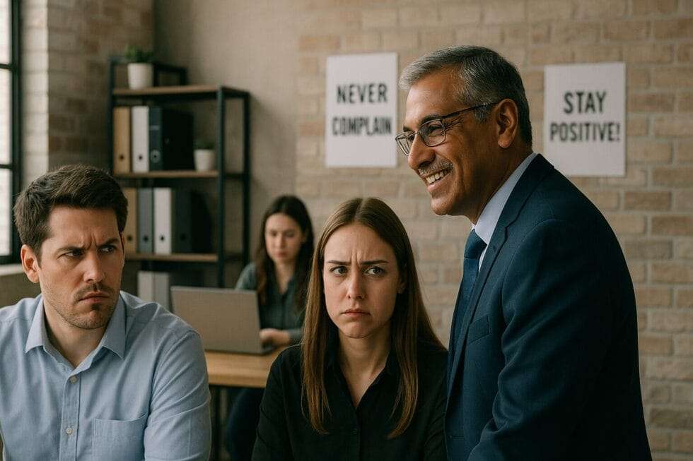 A middle-aged Indian boss smiling at employees who look frustrated, with 'Never Complain' and 'Stay Positive!' signs in the background, symbolizing passive-aggressive leadership tension.