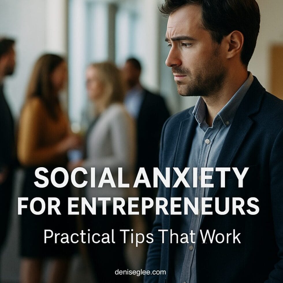 A professionally dressed man stands slightly apart at a networking event, looking thoughtful while others converse in the background. Text overlay reads "Social Anxiety for Entrepreneurs – Practical Tips That Work."