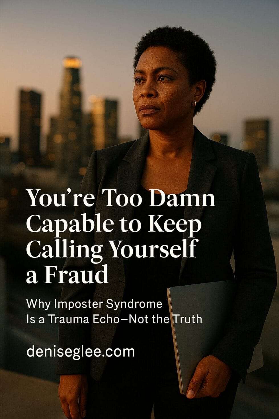 Black woman standing in front of a city skyline at dusk, holding a laptop with a calm, confident expression