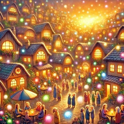 A bright and cheerful fantasy village before the arrival of the witch. The town is full of warmth, with colorful buildings, happy people of all ages s