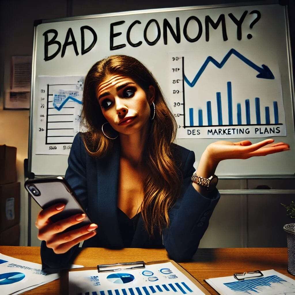 A businesswoman sitting at a desk, scrolling on her phone with a shrugging expression. A whiteboard behind her has the words 'Bad Economy' written on