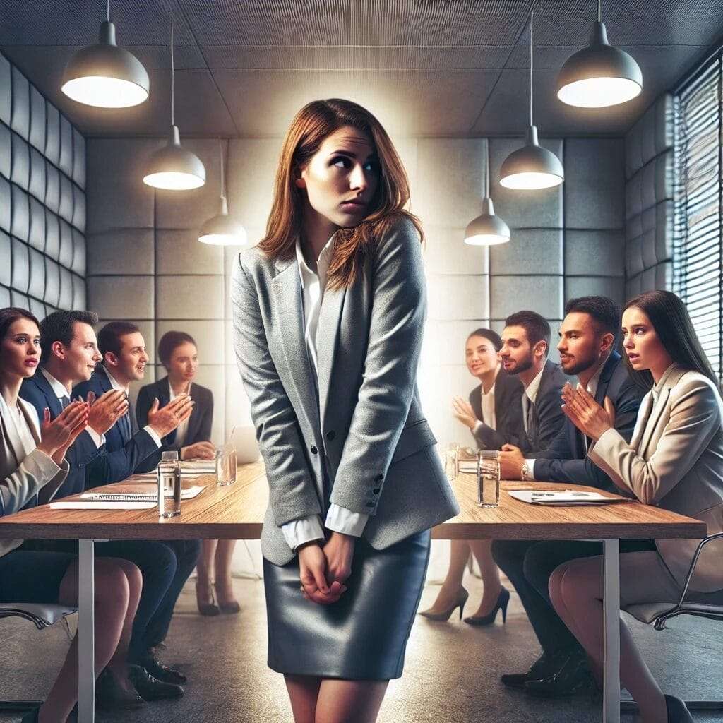 A conceptual image of a businesswoman who looks uncomfortable while trying to be extroverted, leading a team at work.