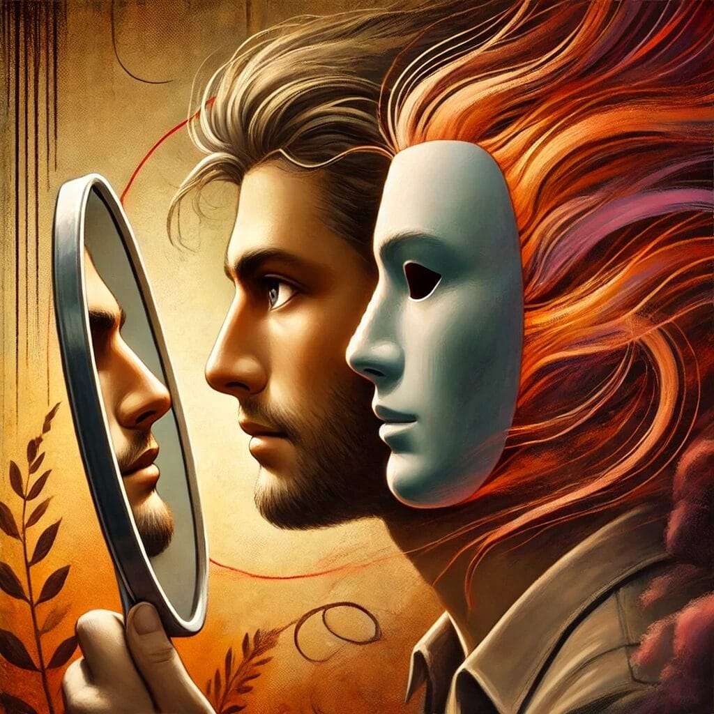 A conceptual image representing the conflict between one's true self and trauma-driven behavior. The image features a person looking into a mirror,