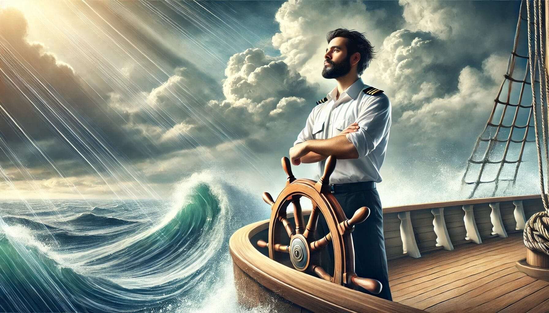 A-confident-ship-captain-standing-at-the-helm-of-a-ship-facing-rough-seas-with-determination.-The-captains-facial-features-are-strong-and-well-define