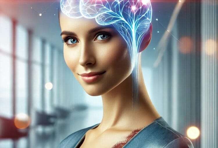 A-confident-woman-standing-tall-with-a-radiant-expression-her-brain-subtly-glowing-with-neural-connections-visible-symbolizing-intelligence-growth