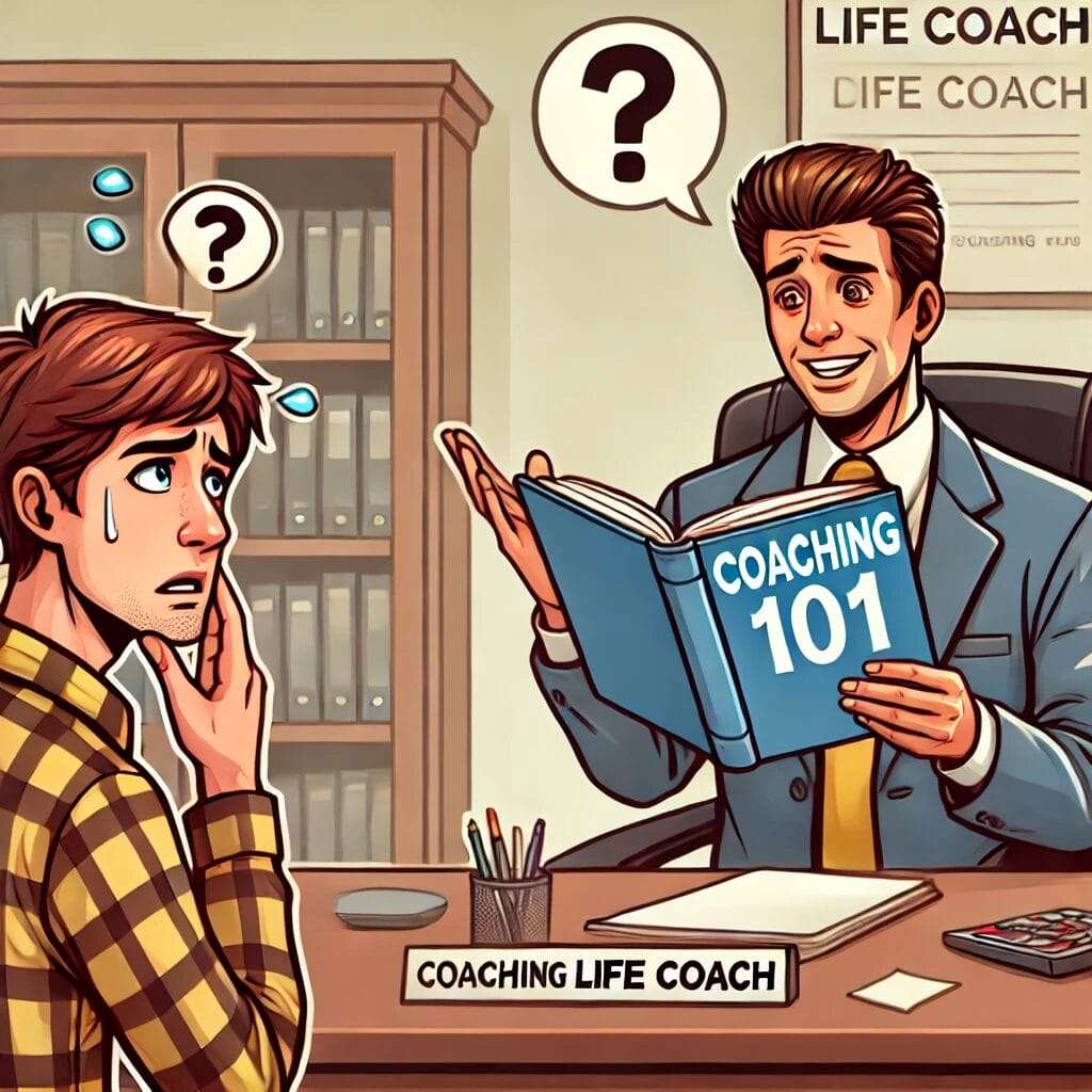 A-digital-illustration-of-a-life-coach-looking-confused-while-reading-a-book-titled-Coaching-101.-The-client-looks-concerned-and-skeptical-as-the-co