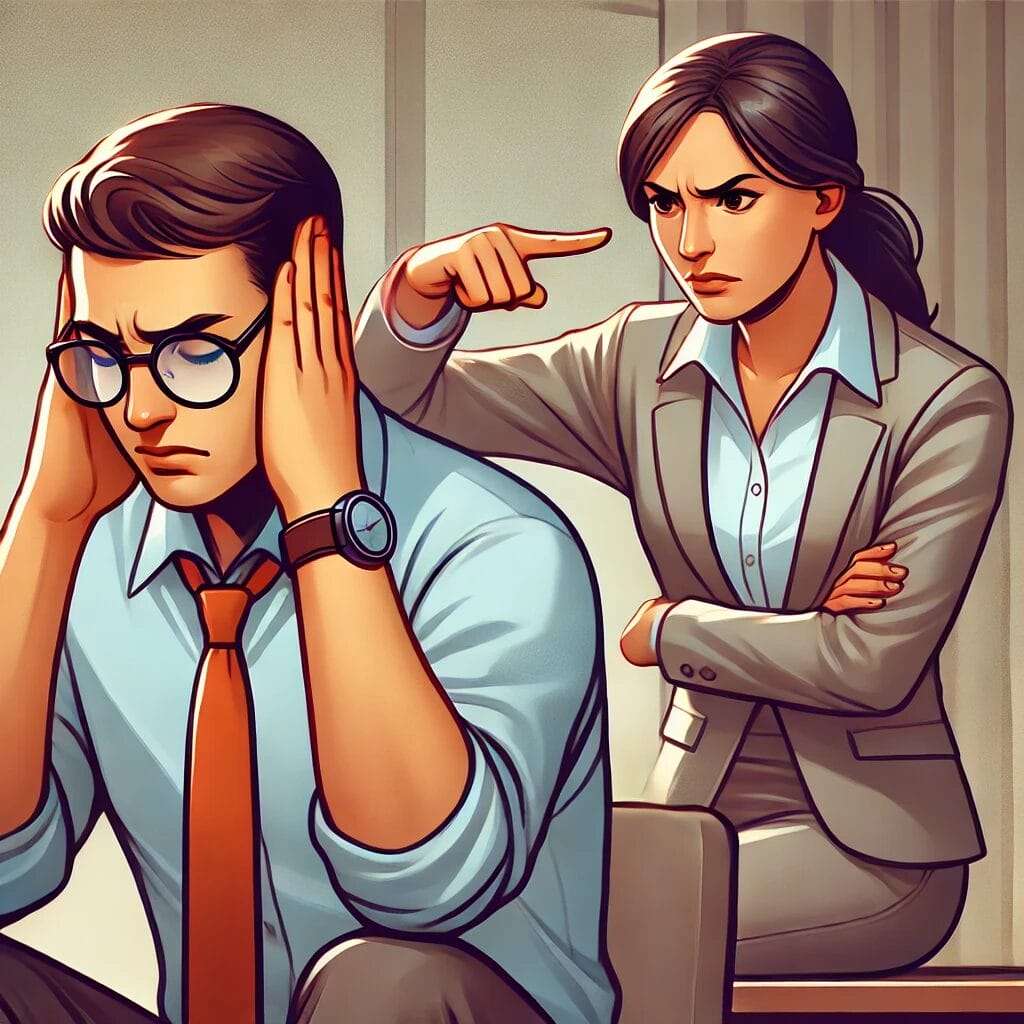 A-digital-illustration-of-a-life-coach-plugging-their-ears-while-a-frustrated-client-tries-to-express-concerns.-The-coach-has-a-dismissive-expression