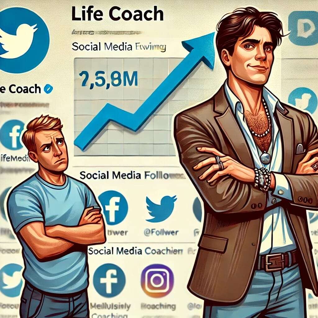 A-digital-illustration-of-a-life-coach-standing-confidently-in-front-of-a-large-social-media-following-using-their-popularity-to-deflect-criticism.-T