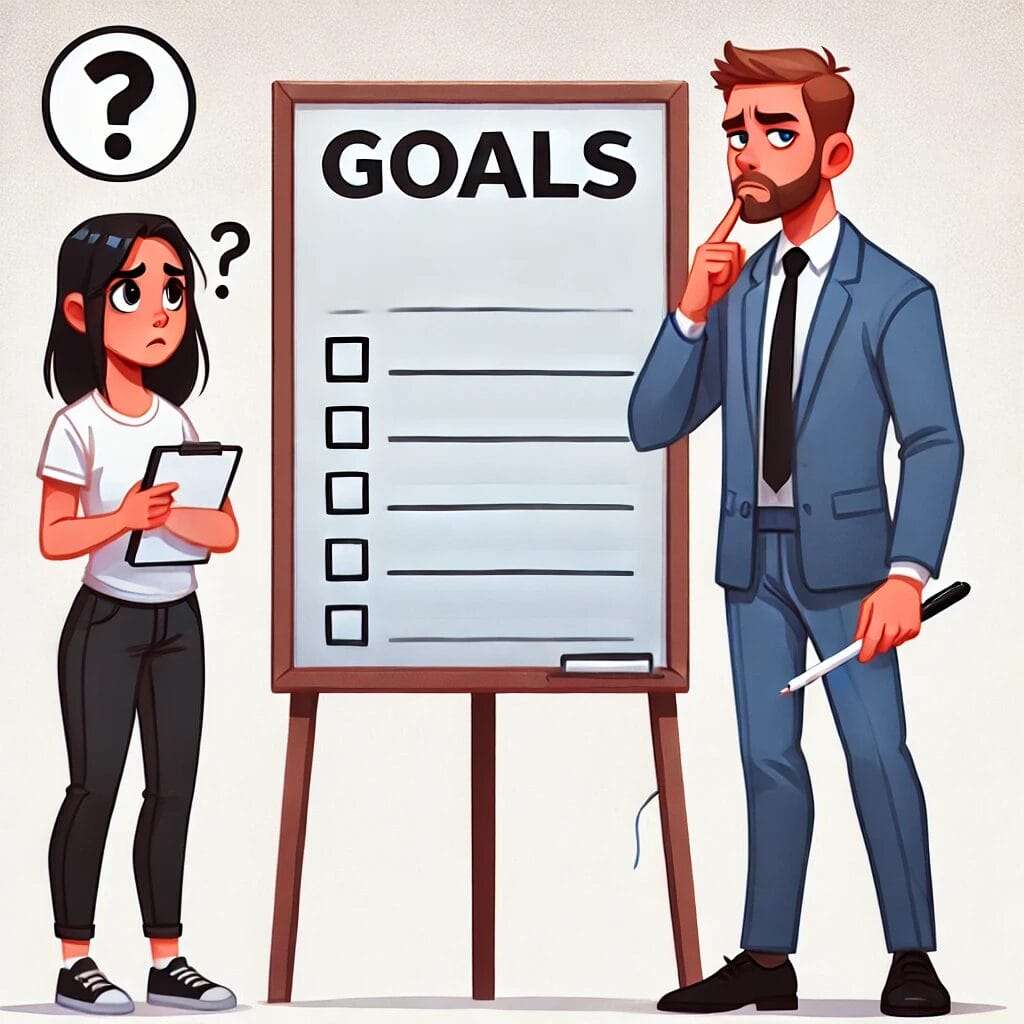 A-digital-illustration-of-a-life-coach-standing-next-to-a-blank-whiteboard-where-client-goals-should-be-written.-The-client-looks-confused-and-frustra-1