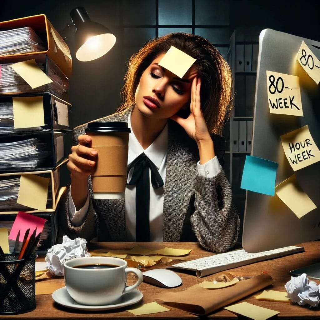 A dramatic businesswoman sitting in a cluttered office, overwhelmed with paperwork, sticky notes, and multiple computer screens. She holds her head wi