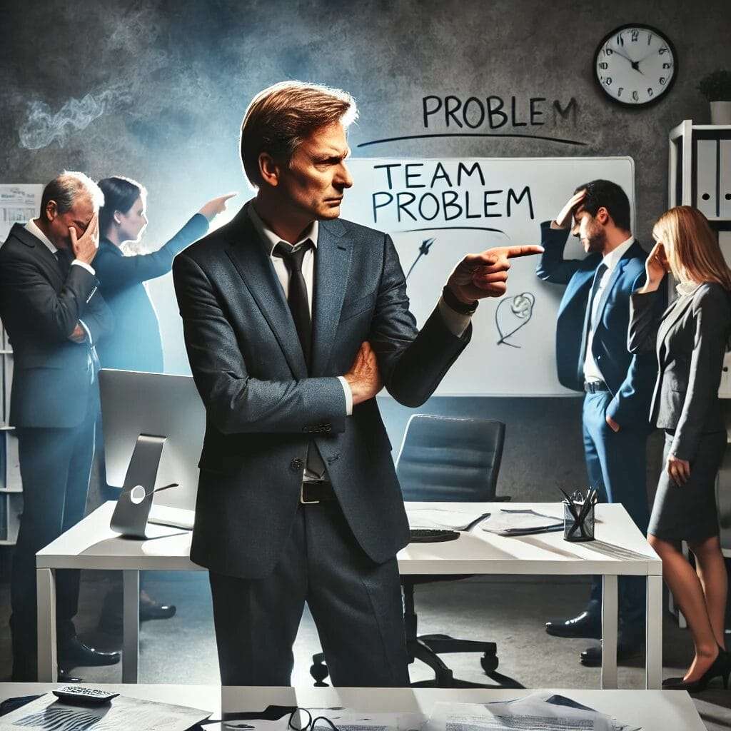 A frustrated middle-aged businessman in a suit, standing in an office with employees in the background. He is pointing angrily at them while looking a