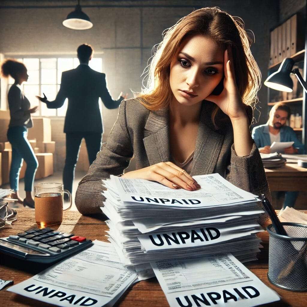 A kind but exhausted businesswoman sitting at her desk, holding multiple invoices labeled 'Unpaid' while looking overwhelmed. Behind her, clients are