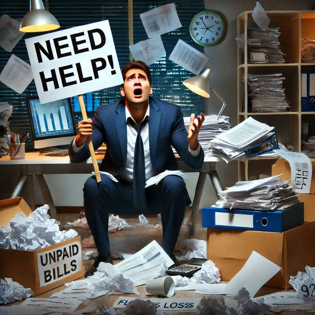 A panicked businessman sitting in a messy office, surrounded by piles of unpaid bills and crumpled business plans. He is holding a sign that says 'Nee
