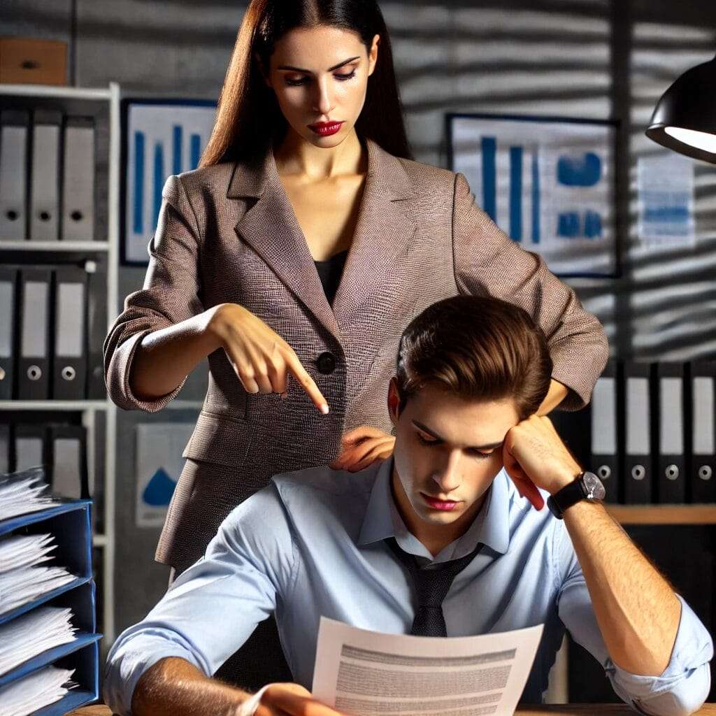 A perfectionist businesswoman standing over an employee’s desk, pointing at a tiny typo on a document with a frustrated expression. The employee looks